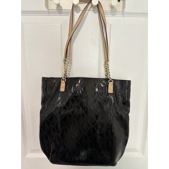 Michael Kors Jet Set Chain Tote Bag Black MK Patent Leather Shoulder Purse - Picture 1 of 7
